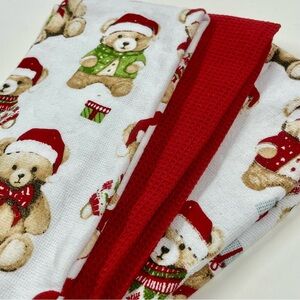 Cupcakes and Cashmere Christmas Teddy Bears Kitchen Tea Towels Set of 3 NWOT